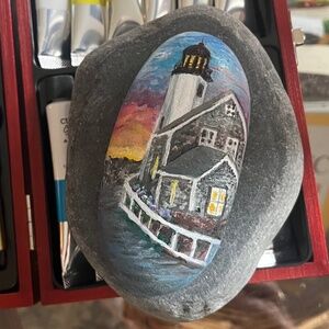Scituate Light house hand painted beach stone